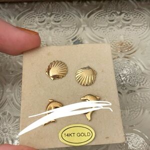 NEW vintage 14kt solid yellow gold shell stud earrings ocean nature animal theme